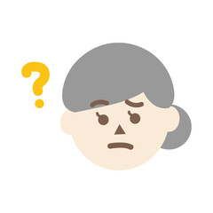 Confused elder woman head with question mark. Facial expression, feeling, trouble, solution concepts. Flat character vector design isolated illustration.