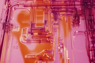 Abstract close-up of colorful translucent plastic patterns with intricate circuit-like designs in shades of purple, orange, and pink, perfect for technology and modern art themes.