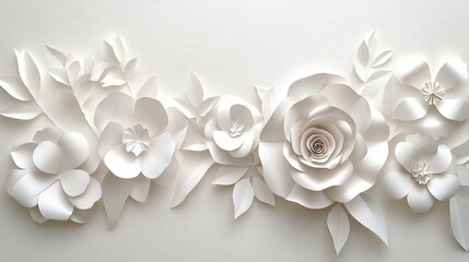 White paper flowers arrangement, wedding decor, flat lay