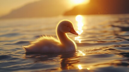 Sunset Cygnet Swimming Coastal Waters