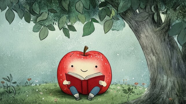Whimsical apple character reading under a tree in serene nature setting
