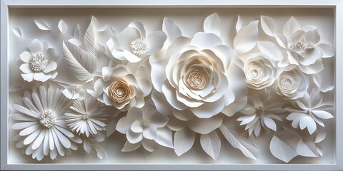 White paper flowers, framed art, wall decor, home decor