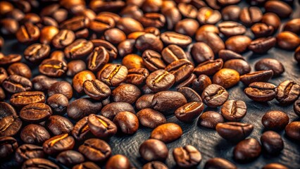 Fototapeta premium Tilt-Shift Coffee Beans Background, Roasted Coffee Top View, Selective Focus, Ideal for Text Placement, Delicious Aromatic Coffee, Perfect for Coffee Lovers and Foodies