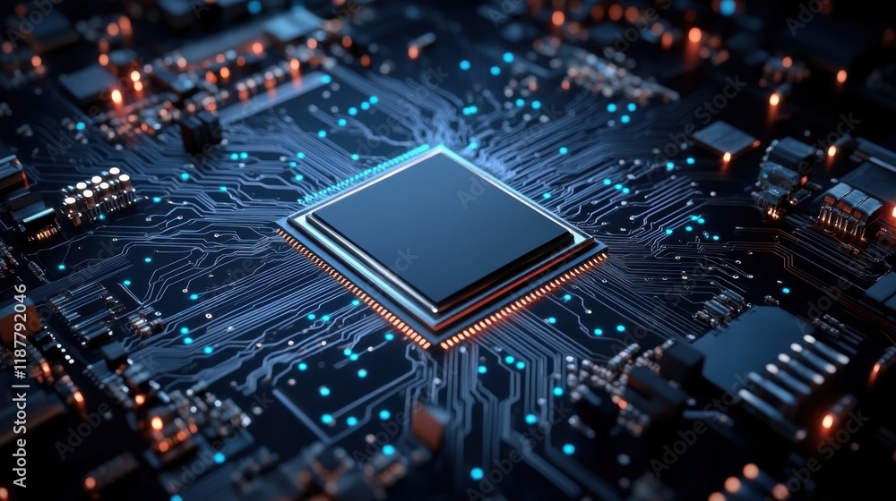 Poster high-resolution image of modern microchip on circuit board with glowing electric connections