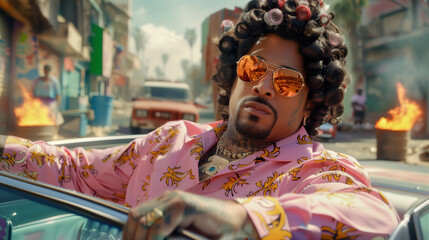 Man Sitting In Car In Front of Chaotic Neighborhood