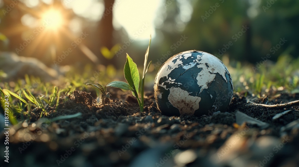 Poster small globe resting on the ground with detailed maps and geographical features visible