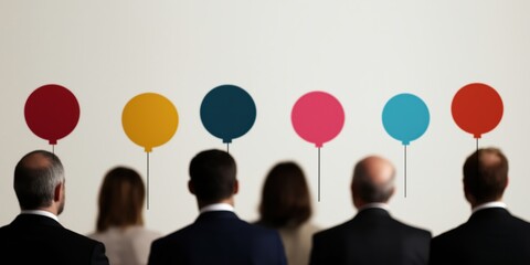 This artwork captures silhouettes of an audience facing a blank wall, with colorful bubbles hovering above, symbolizing thoughts, ideas, and creativity emerging during interactive experiences.
