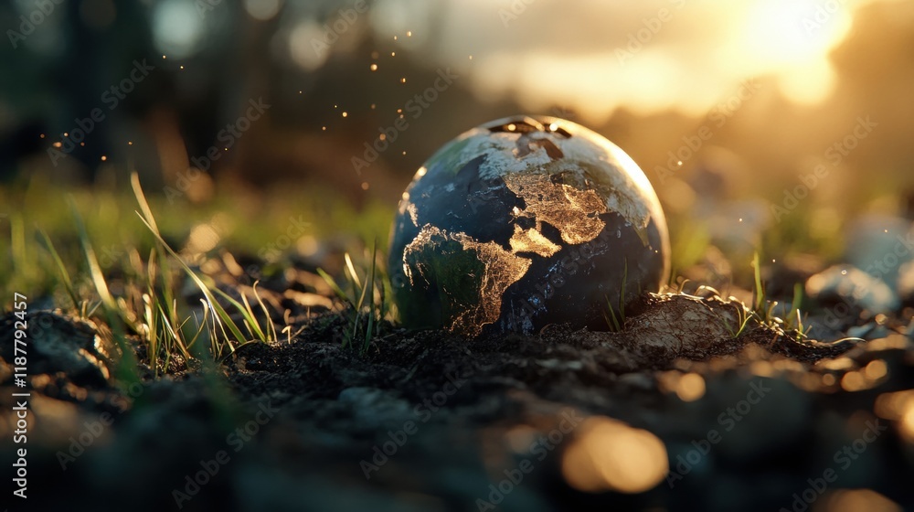 Poster small globe placed on the ground with a focus on geographical features and countries visible on its 