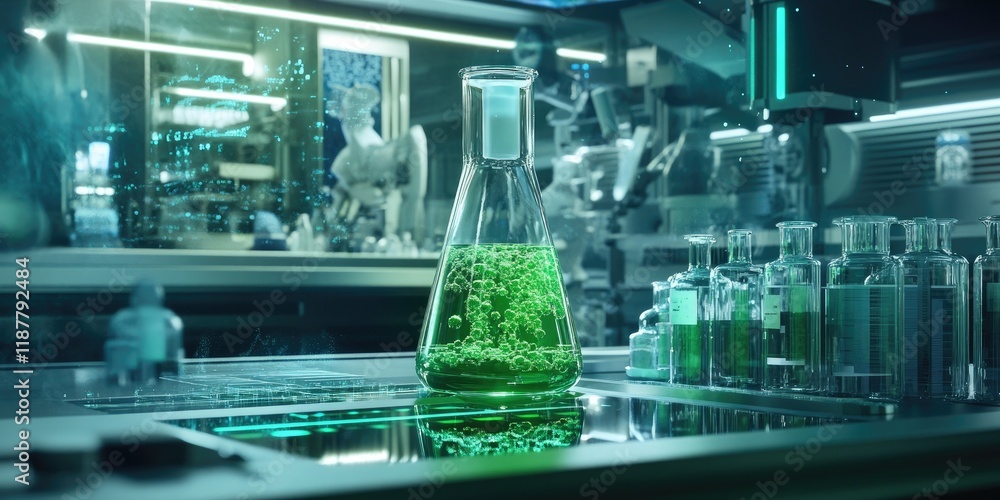Poster a futuristic medical lab features holographic displays and advanced instruments, focusing on a flask
