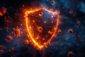 Obraz premium Animated shield icon blocking floating virus particles, glowing protective energy effect