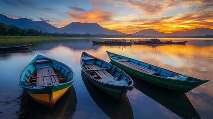 Fototapeta premium Colorful Boats at Sunset Near Tranquil Mountains