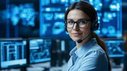 A focused woman with a headset, smiling in a tech-filled environment, surrounded by multiple computer screens displaying data and analytics.
