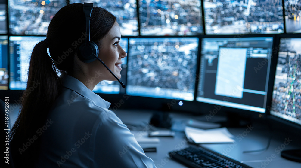 Poster a focused operator monitors multiple screens in a control room, wearing a headset, ensuring efficien