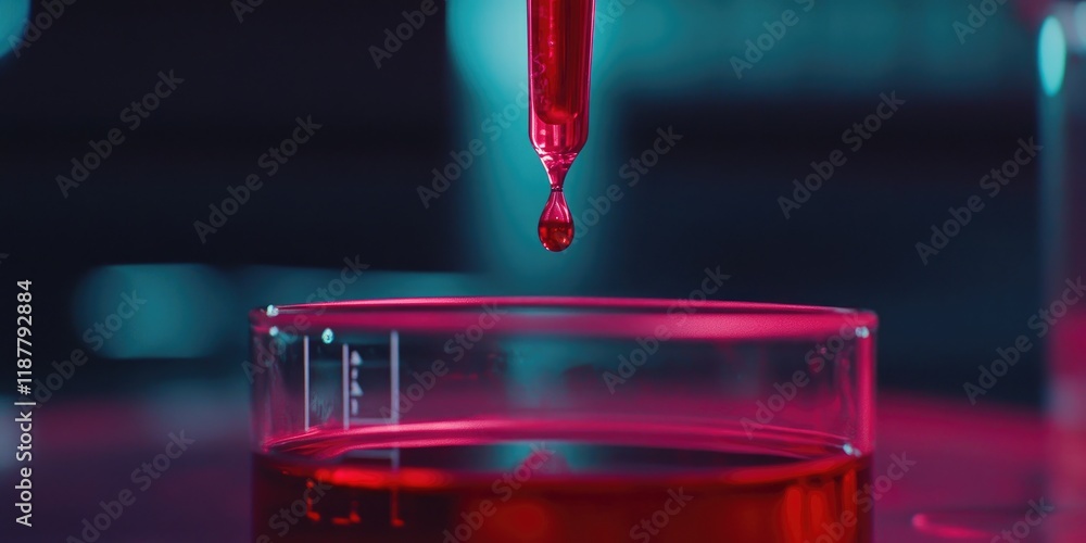 Wall mural a detailed shot captures a drop of red liquid falling from a pipette into a beaker, set against a sc