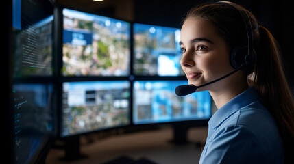 A focused young woman in a headset monitors multiple screens, engaged in a high-tech environment, possibly in security or operations.