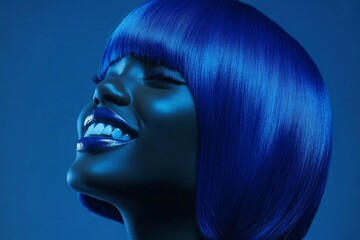 Commercial ad campaign creative. Gorgeous smiling black girl - for ads, magazine ad and digital use. Short haircut - blue hair. Modern black trends. Black model style. Black elegance ads.