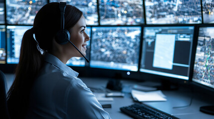 A focused operator monitors multiple screens in a control room, wearing a headset, ensuring efficient communication and response.