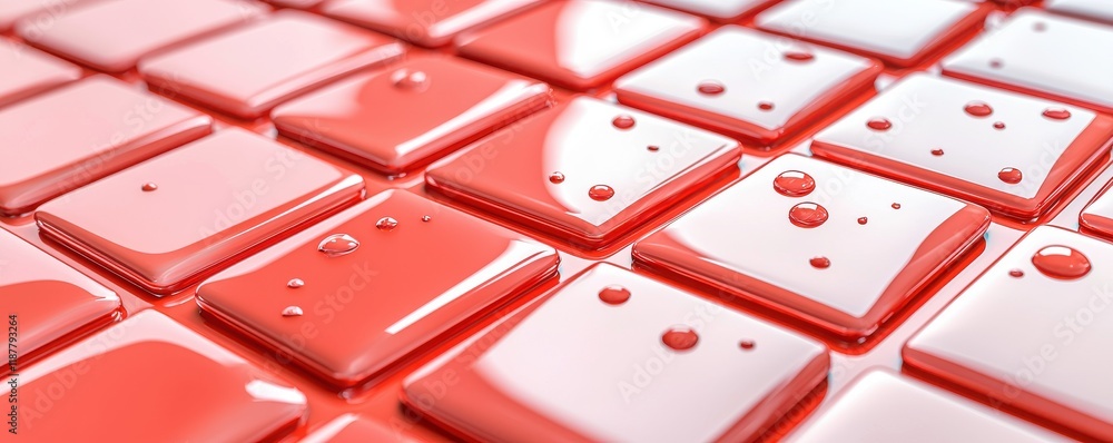 Poster a close-up view of shiny red tiles with droplets of water, creating a vibrant and glossy surface.