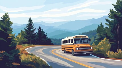 Fototapeta premium Vintage bus driving on scenic mountain road.
