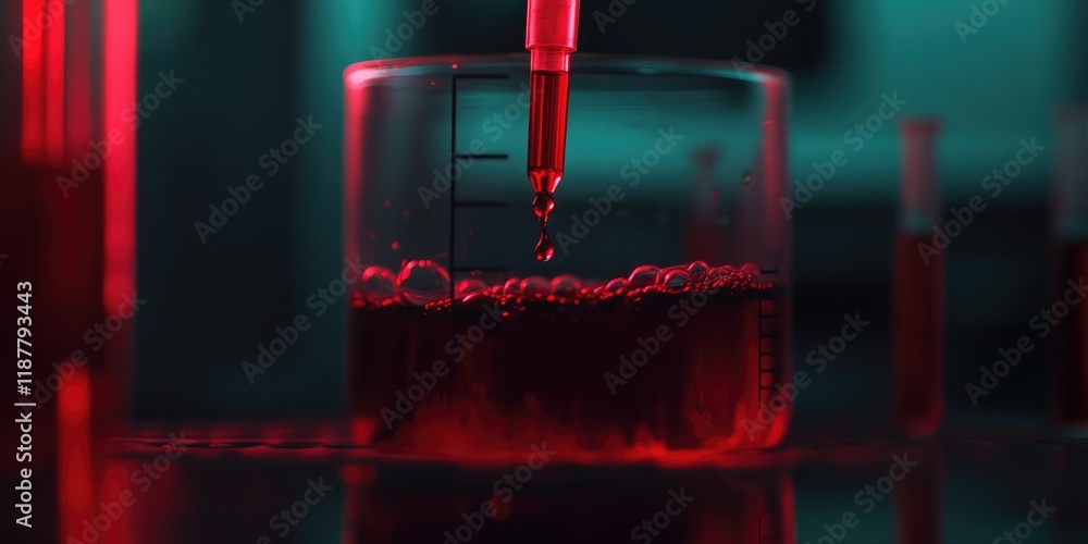 Poster A detailed shot captures a drop of red liquid falling from a pipette into a beaker, set against a scientific background.