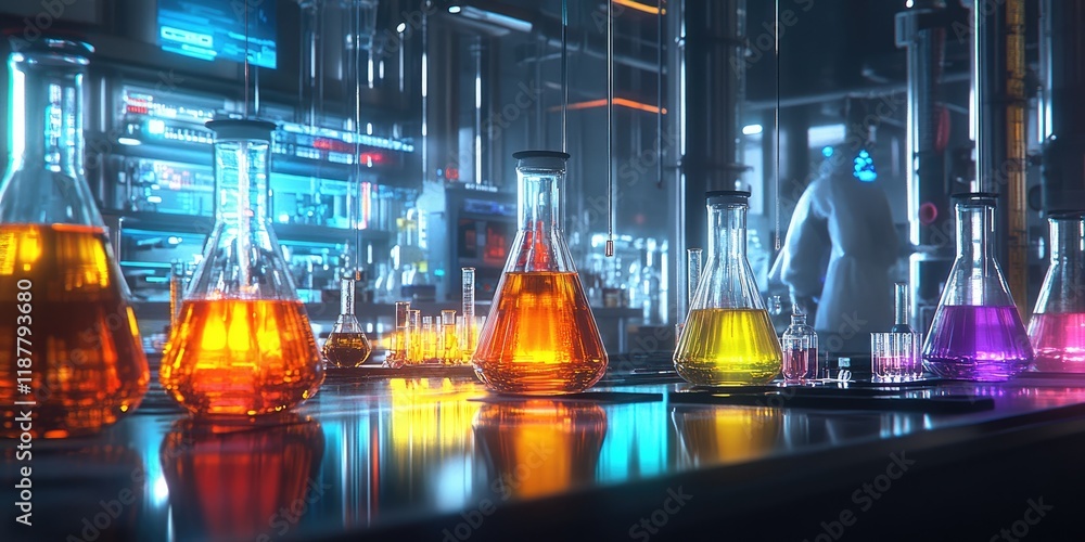 Aufkleber a high-tech lab scene showcases multiple flasks and beakers filled with vibrant liquids, with a chem
