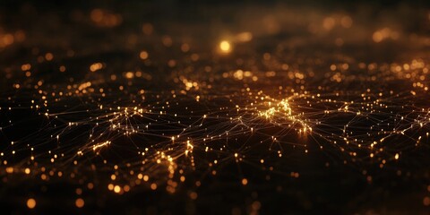 A network of digital currencies represented by luminous lines and nodes against a dark backdrop.