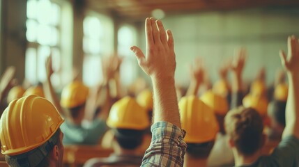 A crowd of construction workers wearing helmets raises their hands, likely participating in a discussion or training session.