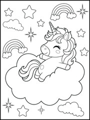 Black and White Unicorn Coloring Page for Kids. Cute, Hand-Drawn, Printable Activity Sheet with Cartoon Characters and Simple Doodles  © laky