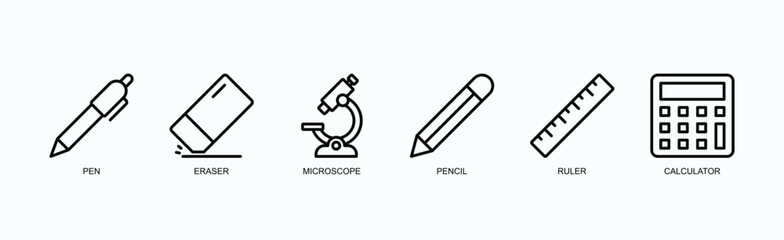 Education And Study Tools Icon Set Icon Set Isolated Vector Illustration Concept With Icon Of Pen, Eraser, Microscope, Pencil, Ruler, Calculator In Outline Style