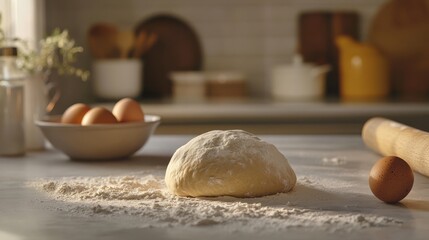 Fototapeta premium Fresh homemade bread dough on floured kitchen counter in sunlit kitchen