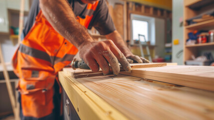 a worker is working on a wooden kitchen