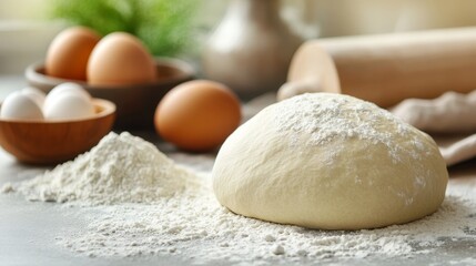 Fototapeta premium Fresh dough and ingredients for baking with eggs and flour on kitchen counter