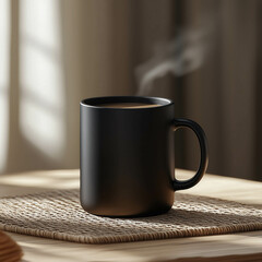 black coffee mug mock up with steam rolling from a fresh pour