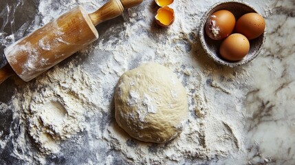 Homemade baking scene with fresh dough and eggs on floured surface