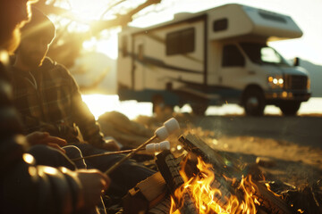 RV camper sitting in background with sun shinning