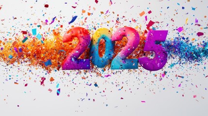 A festive 3D representation of '2025' in bright, bold colors on a white background, with a dynamic effect of confetti raining down