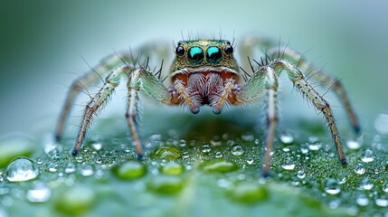 Close-up of a vibrant green jumping spider with striking turquoise eyes perched on a dew-covered leaf.