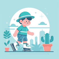Naklejka premium vector image of a small child playing on roller skates