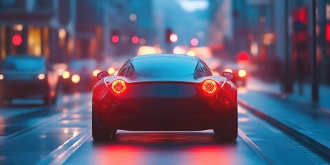 Fototapeta premium An autonomous electric car skillfully navigates city streets, utilizing advanced AI technology to enhance urban mobility and future transport.