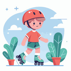 vector image of a small child playing on roller skates