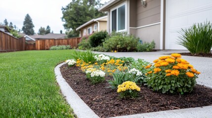 Obraz premium A vibrant garden with colorful flowers and lush green grass, showcasing well-maintained landscaping beside a modern home.