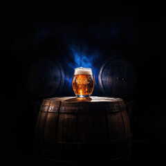 glass of beer on an oak barrel