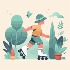 vector image of a small child playing on roller skates