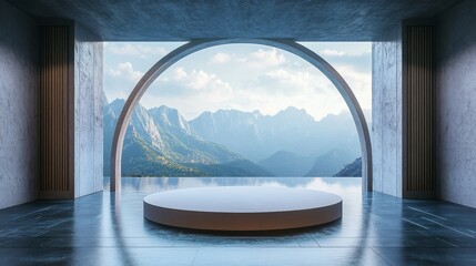 Fototapeta premium 24.A peaceful product showcase environment with a round podium surrounded by water. The glass wall and minimalist arch design enhance the view of the distant mountain peaks, creating a blend of