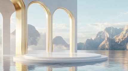 Fototapeta premium 25.A contemporary 3D-rendered mockup scene featuring a round white podium on a glossy water surface. Glass panels and golden arches add elegance, while the backdrop of mountains provides a serene,