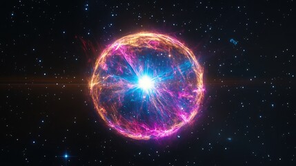 A deep space view with vibrant stars and glowing nebulae in shades of blue and purple.