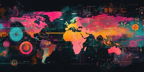 A futuristic world map displaying global financial trends and economic data in vivid colors.