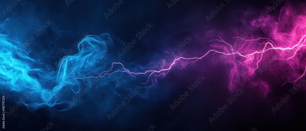 Poster dynamic display of blue and pink lightning flashes in dark background with colorful smoke effects