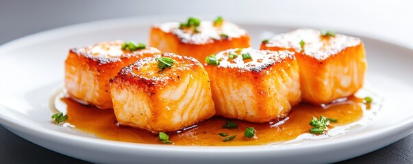 A plate of beautifully cooked salmon cubes with a glossy glaze and garnished with fresh herbs, showcasing an appetizing and gourmet presentation.