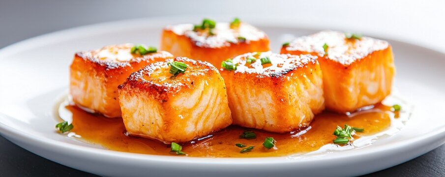 A plate of beautifully cooked salmon cubes with a glossy glaze and garnished with fresh herbs, showcasing an appetizing and gourmet presentation.